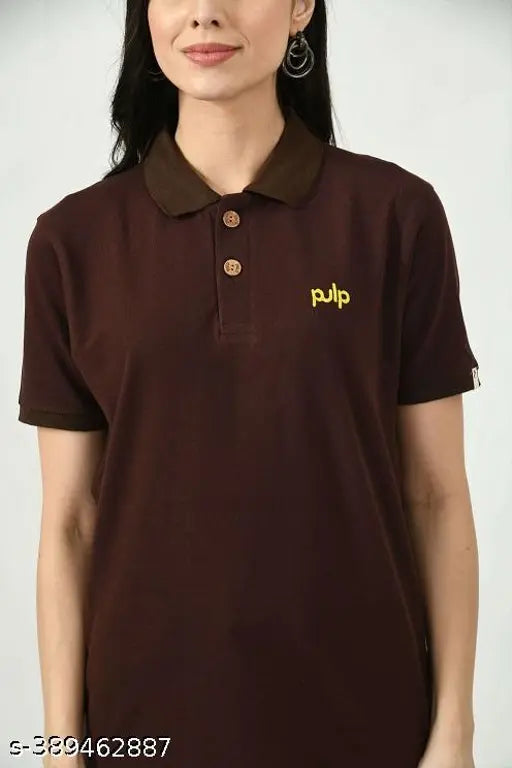 Brown cotton sustainable polo women's everyday wear, embroidered logo on upcycled fabrics, natural wood & coconut shell buttons