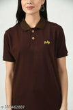 Brown cotton sustainable polo women's everyday wear, embroidered logo on upcycled fabrics, natural wood & coconut shell buttons