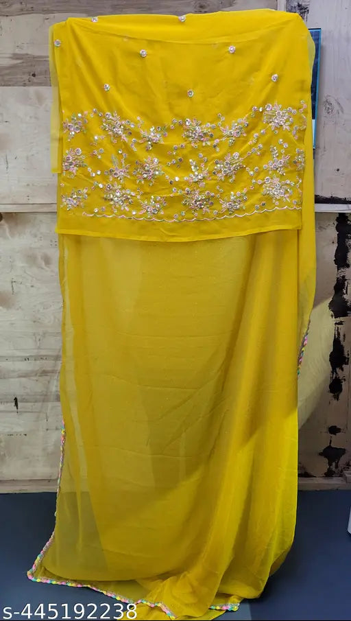 Yellow georgette saree with embroidery blouse, long skirt length 530m, short sleeved blouse length 080m