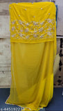 Yellow georgette saree with embroidery blouse, long skirt length 530m, short sleeved blouse length 080m