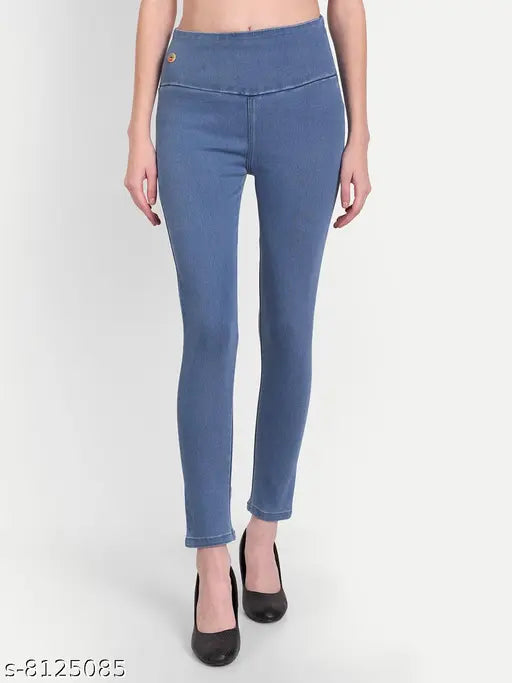 Dxblue-Navyblue denim skinny fit jeggings, high waist and stretchable, women's pack of 2