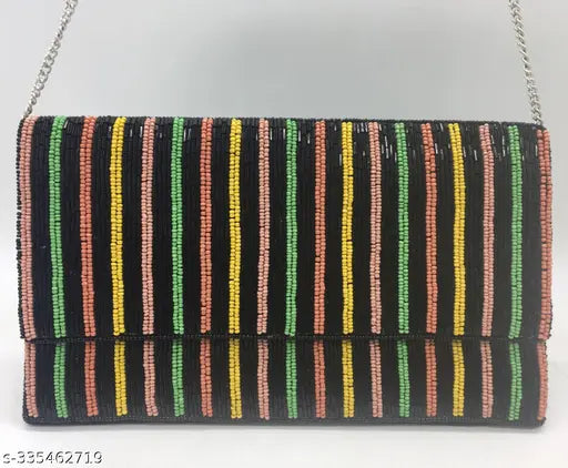 Crossbody bag with multiple colorful straps and a rectangular beadwork panel