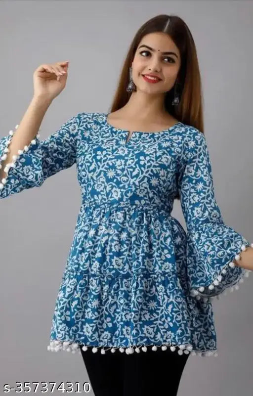 Blue viscose rayon three-quarter sleeve winter top, printed design - Indian fashion apparel