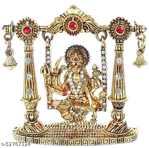 Durga Mata idol on metal jhula, 68cm tall, Indian religious showpiece for car dashboard or home decor