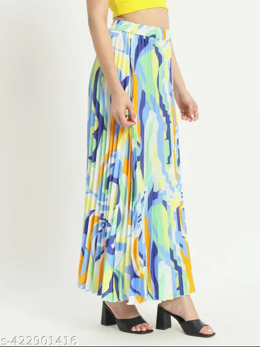 Floral print crepe elastic waist pleated A-line skirt for women, versatile and sophisticated choice for all occasions. Size 26-38 inches (waist, length, hip). Made in India