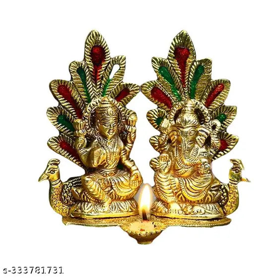 Gold-plated Laxmi Ganesh idol statue with peacock diya design, decorative showpiece - 14cm (Indian artisan crafted)
