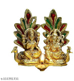 Gold-plated Laxmi Ganesh idol statue with peacock diya design, decorative showpiece - 14cm (Indian artisan crafted)