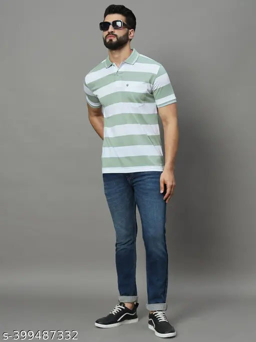 Navy blue cotton blend men's polo collar striped t-shirt, short sleeves with pocket