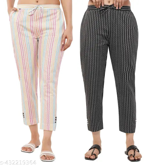 Women's trendy cotton trousers with drawstring waist and cuffed legs