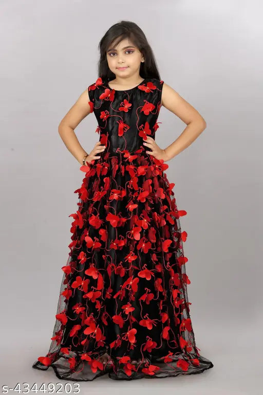 Girls black net frock, embellished with butterfly embroidery, size 2-12 years (single)