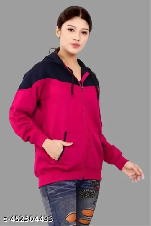 Fleece colorblocked hoodie jacket by Haniya Fashion, stylish women's long-sleeved winter zipper jacket, made in India