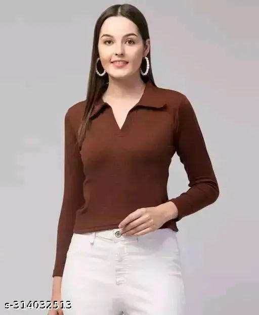 Long-sleeve cotton blend V-neck top in solid color, ideal for women's fashion