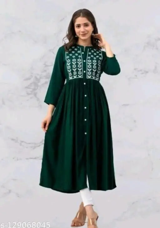 Dark teal rayon flared kurta with embroidery and buttons