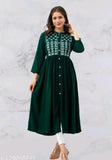 Dark teal rayon flared kurta with embroidery and buttons