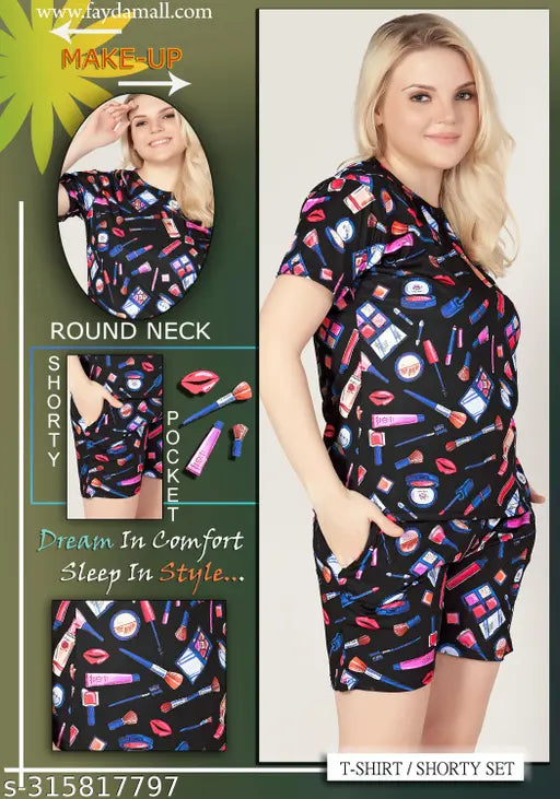 Fashionable women's printed polyester shorts set, soft & comfortable for lounging, side pockets included, Indian origin