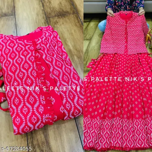 Red pink cotton blend anarkali kurta set with jacket, extra large size, perfect for daily wear or special occasions
