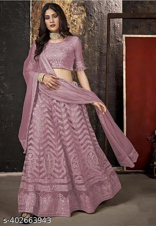 Lightweight net lehenga (semi-stitched), embroidered top and solid dupatta for Indian bridal wear