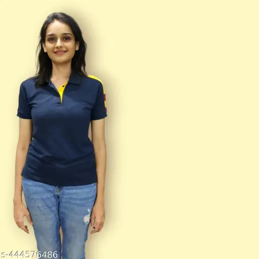 Navy Blue Multi-Colored Collar Cotton Blend T-Shirt for Women & Girls - Vibrant style, short sleeves, versatile fit (S, M, L)