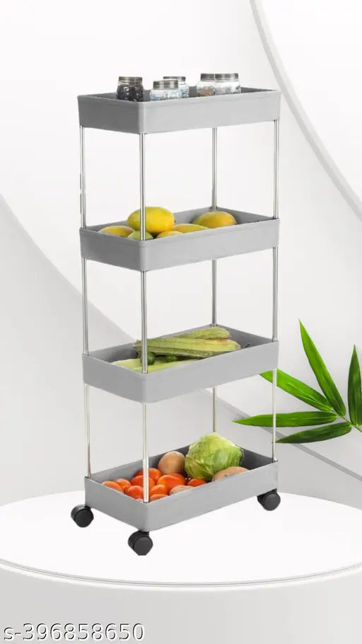 A multi-level plastic trolley with four shelves and a variety of vegetables on each shelf. The trolley is set against a white background, creating a clean and organized appearance