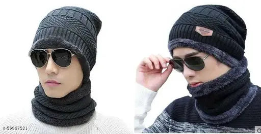Soft woolen unisex beanie combo (pack of 2) with fur inside, ideal for autumn-winter wear