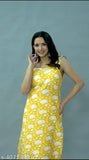 Yellow printed cotton and rayon Fasonika kurta with palazzo, sleeveless, on display rack