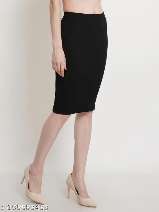 Solid black polyester pencil skirt for women, professional attire with tapered design, waist size 26, 28, 30, or 32 inches, made in India