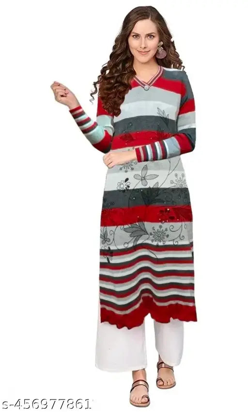 Woolen red long kurta with patterned sleeves