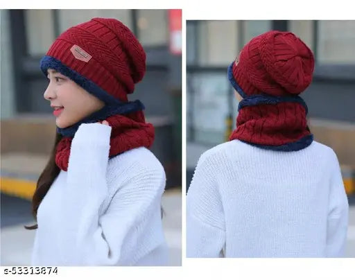 Woolen beanie, red color, cotton material. Unisex cap, muffler scarf set for men and women