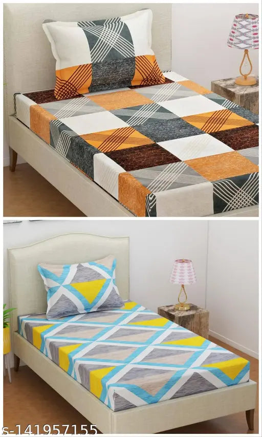 Cotton single bed comforter set with two pillows, glossy finish, white and blue design