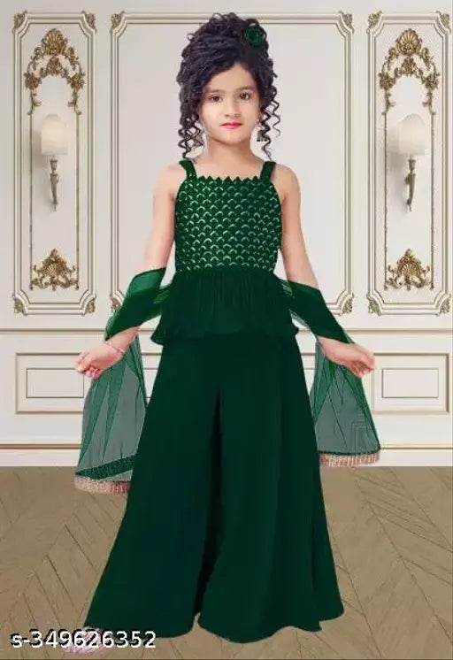 Embroidered crepe dupatta A-line palazzos sharara suit for kids, Indian ethnic wear for festive parties with matching dupatta