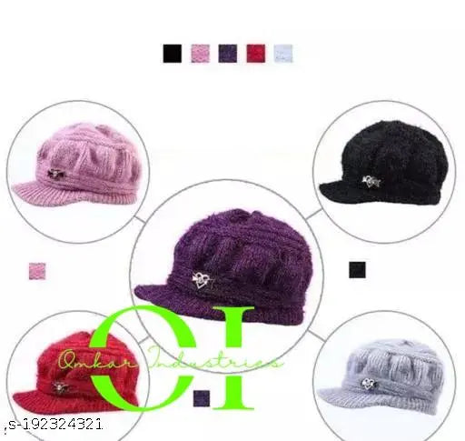 Purple woolen knitted winter hat cap, soft fabric, multicolored design