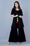 Black cotton kurta set with ruffled sleeves and tassel details