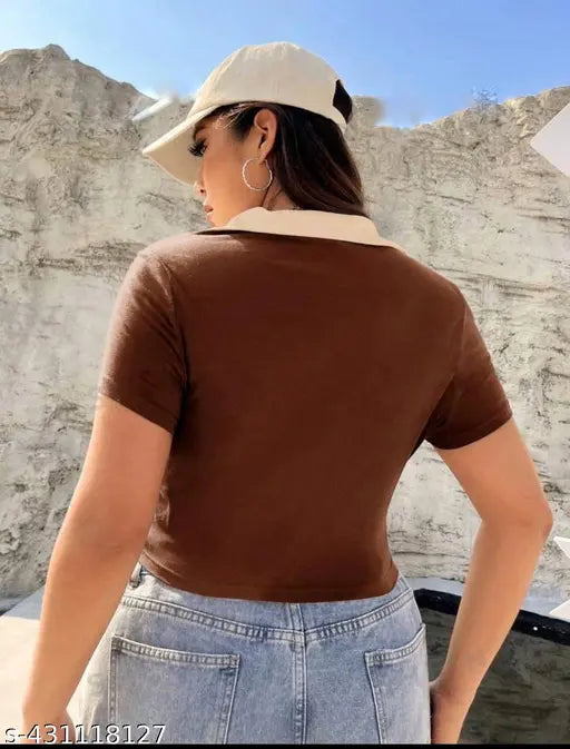 Glitsy Crop Top Women's Short Knit T-shirt, V-neck & Polo Collar-Blocked, Slim Fit, Suitable For Summer/Autumn,School, Outdoor Sports, Indoor Leisure,Business Daily Matching