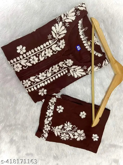 Embroidered rayon Chickankari Kurta and Palazzos set, traditional Indian bottomwear with three-quarter sleeves