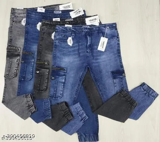 Denim dyed/washed men's jogger for fitness and casual wear. Size 28, 32, or 34 inches waist, all with 39 inch length from Bangladesh