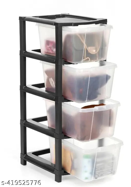 Black modular storage organizer, plastic containers with compartments, for home office or school