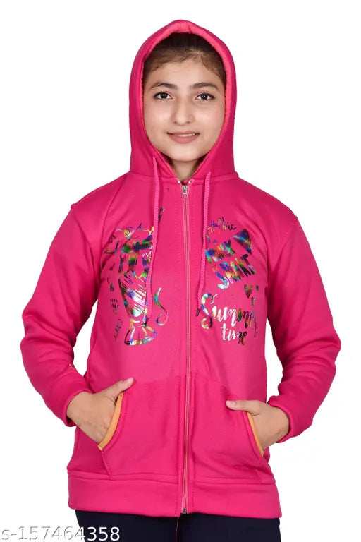 Pink hooded jacket with zip closure, printed design on chest