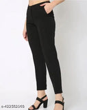 Women's black straight-cut regular fit lycra blend trousers, high rise boot leg, formal casual office pants