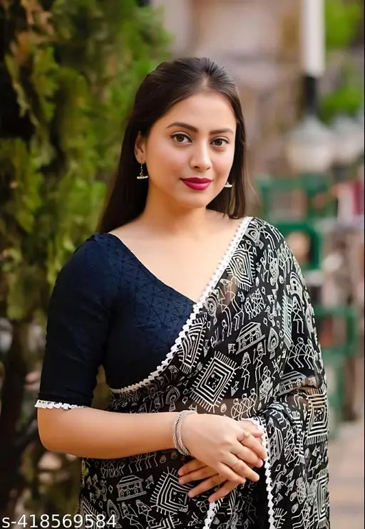 Georgette print saree with cotton lace, navy blue background