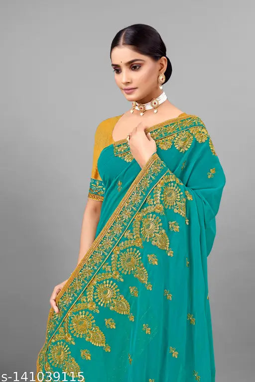 Blue georgette saree with heavy embroidery, diamond work and party wear design