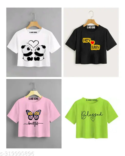 Printed cotton blend women's crop top 4-piece combo, versatile wardrobe basics for everyday wear