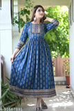 Blue Gold Print Anarkali Rayon, three-quarter sleeves, intricate handwork detail, Indian traditional fashion