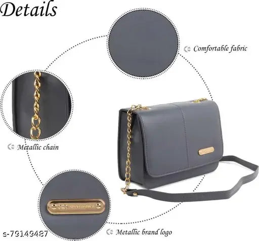 Grey women's sling bag with metal chain, small brand label
