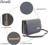 Grey women's sling bag with metal chain, small brand label
