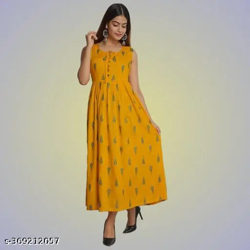 Yellow rayon sleeveless printed Anarkali Kurta with tilak print, Indian ethnic wear for women