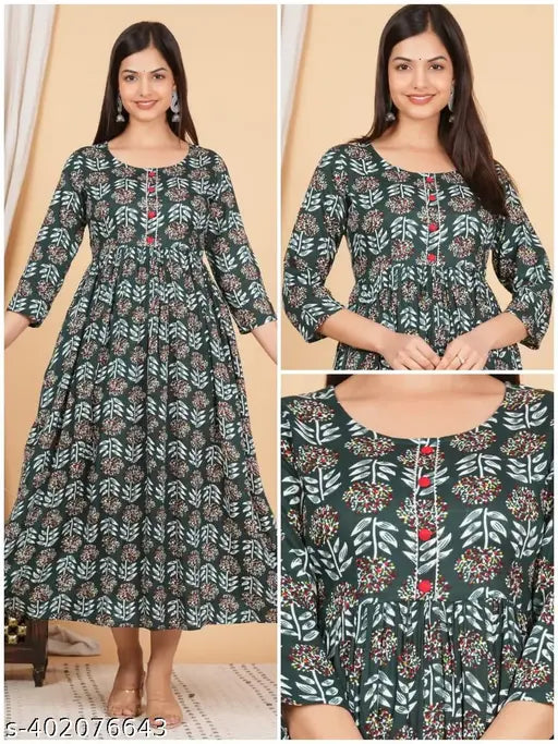 Rayon Anarkali Kurti for Women, printed festive casual wear wedding dress, rayon fabric, three-quarter sleeves, Indian ethnic suit on hanger