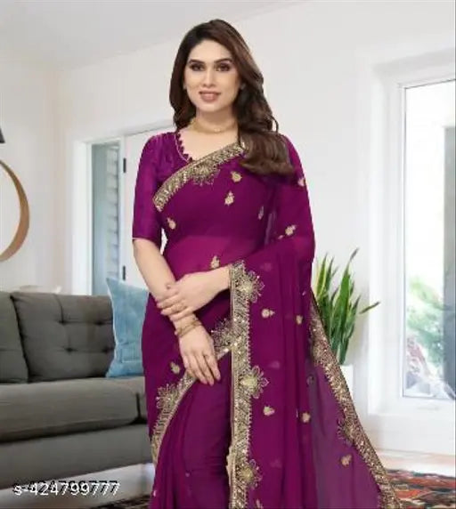 Purple georgette saree with running blouse, designer wear, women's fashion