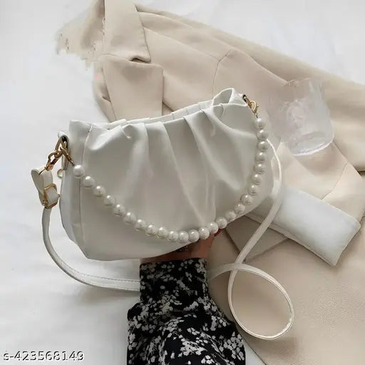 Cross body sling bag, white with pearls, adjustable strap