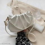Cross body sling bag, white with pearls, adjustable strap