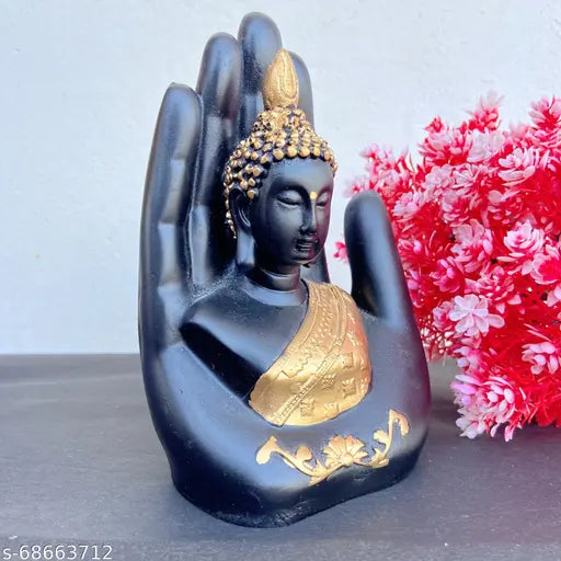 Handcrafted Golden Palm Buddha Idol, luxury polyresin statue, 6 x 4.5 x 3.5 inches, intricate Indian artisan detailing, antique finish, golden and black color